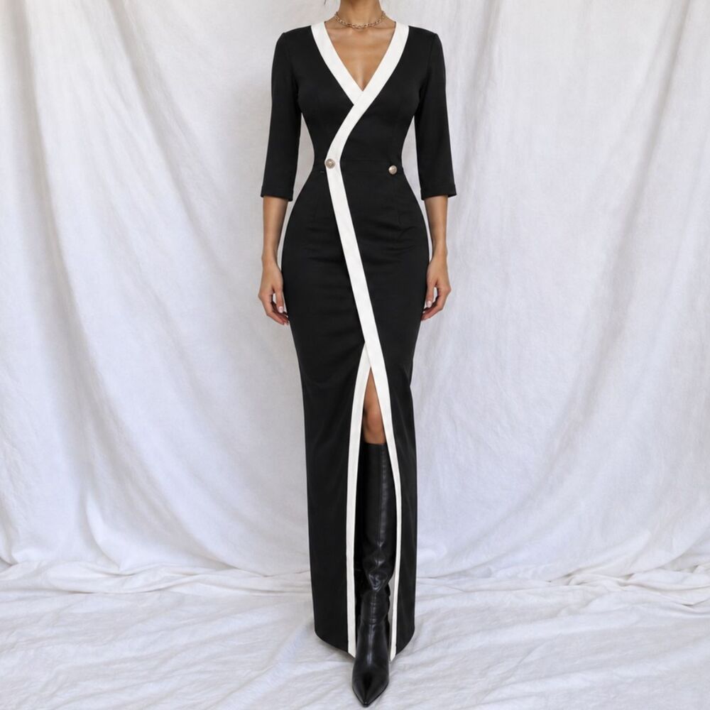 Vintage Y2K Black Button Front Colorblock Knit Slit Bodycon Maxi Dress Size S/M